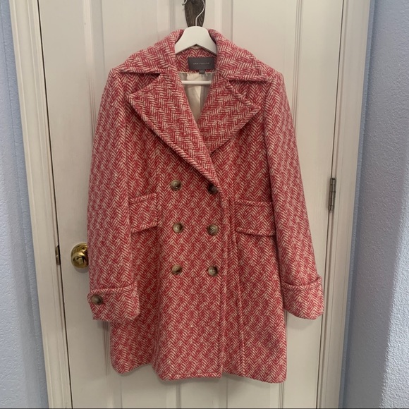 Vintage Ann Taylor Pink & Cream Herringbone TopCoat Trench Coat - Picture 1 of 16